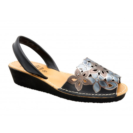 Avarca Women's Wedge Sandals floral black Leather Summer Shoes Abarca Menorquina flowers
