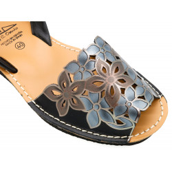 Avarca Women's Wedge Sandals floral black Leather Summer Shoes Abarca Menorquina flowers