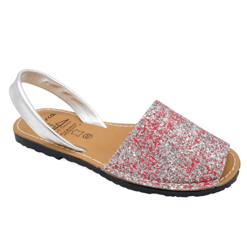 Women's Flat Sandals Avarca Menorquina Glitter Summer Shoes with Sequins & Leather Strap, glitter pink 275 - Made in Spain
