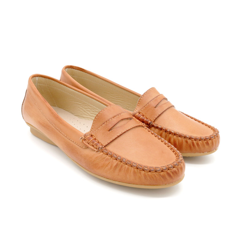 Women's Loafer Leather Moccasin light brown Pull-On Summer Shoes comfort lightweight