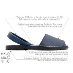 Damen Sandalen Leder blau Avarca Menorquina Sommerschuhe flach offen Abarca Sandaletten gleichtönig gleichfarbig monochrom