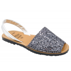 Damen Sandalen Avarca Menorquina Glitzer Sommer Schuhe mit Pailletten & Leder-Riemen, glitter grau 275 - Made In Spain
