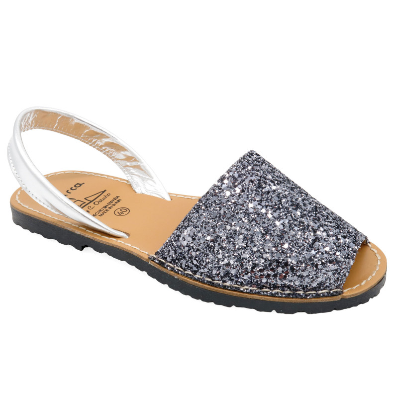 Women's Flat Sandals Glitter Leather Strap Avarca Summer Shoes grey