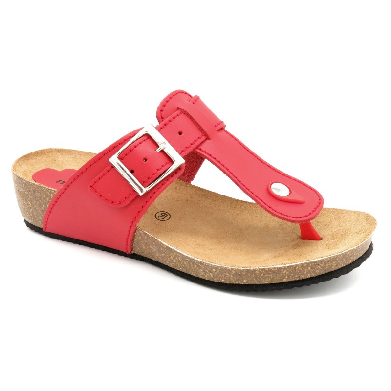 Women's Wedge Sandals Leather Mules red Summer Shoes with Leather Footbed & Cork Sole - Made In Spain