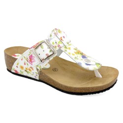 Damen Leder Sandalen Keilabsatz Pantoletten weiß Blumen - Echtleder Fußbett & Kork Sohle - Made In Spain