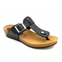 Damen Sandalen schwarz Leder Zehentrenner Keilabsatz Pantoletten mit Fußbett & Korksohle - Made In Spain