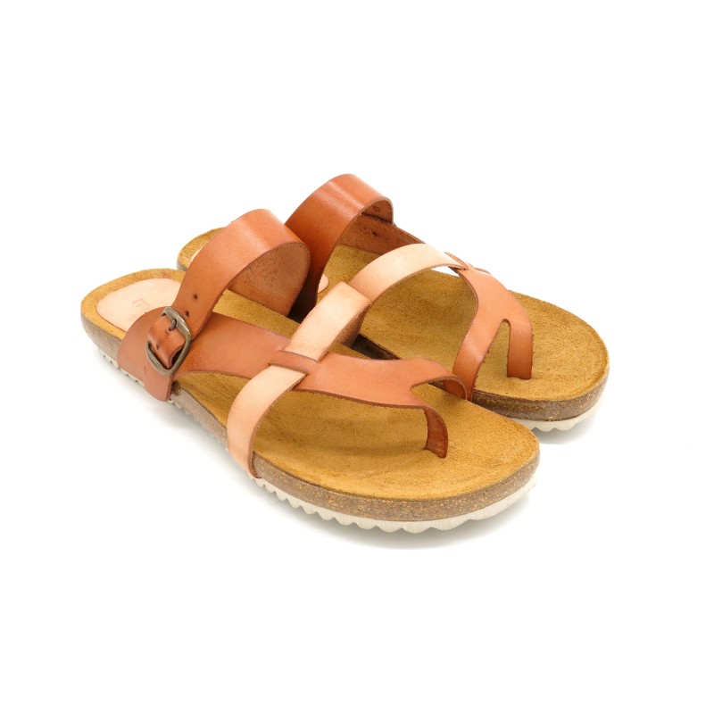 Women's Flat Sandals brown Leather Summer Shoes with Leather Footbed & Cork Sole - Made In Spain