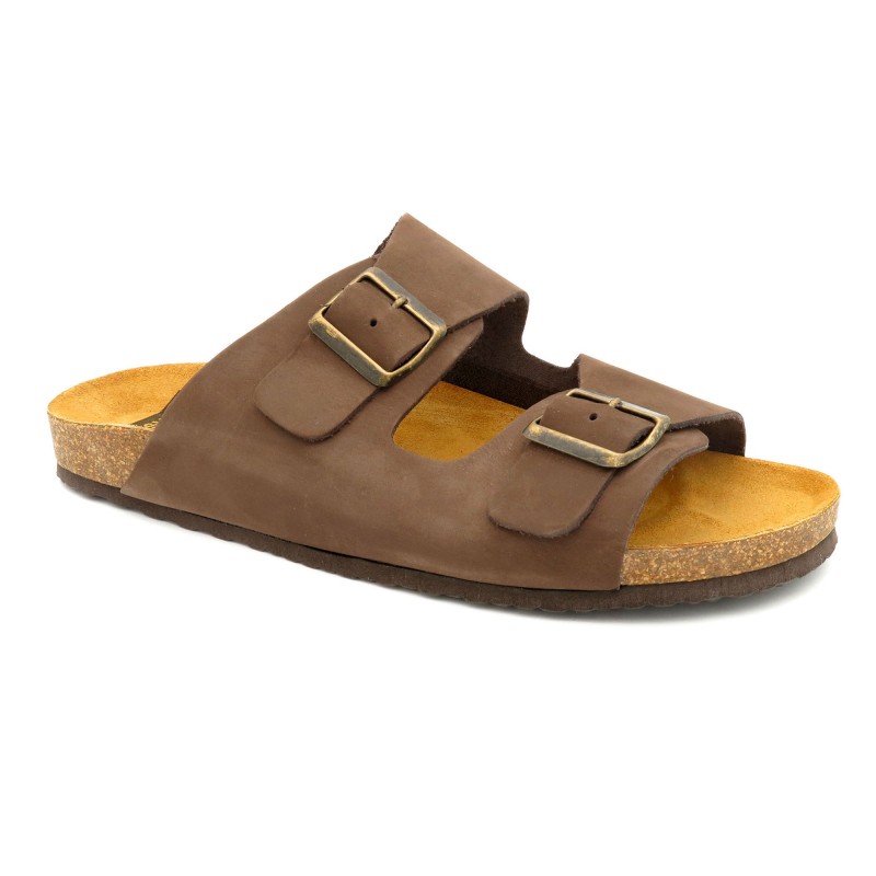 Tante Foster æggelederne Herren Pantoletten braun Leder Sandalen Hausschuhe Echtleder Fußbett  Korksohle - Made In Spain