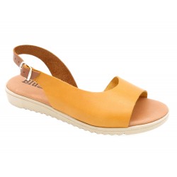 Damen Leder Sandalen Keilabsatz Sommer Schuhe Echtleder Fußbett gepolstert, gelb - BluSandal - Made In Spain