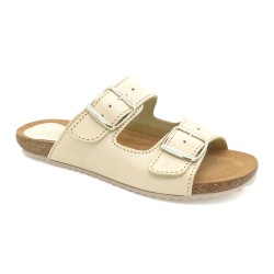 Damen Pantoletten Leder Nubuk beige Sandalen gepolstert Hausschuhe Schlappen Echtleder Fußbett Korksohle Korkschuhe Blusandal