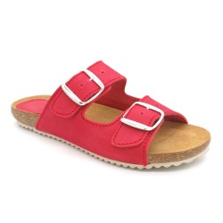 Damen Leder Pantoletten rot - Nubuk Sandalen Hausschuhe Schlappen mit Echtleder Fußbett & Kork Sohle - Made In Spain