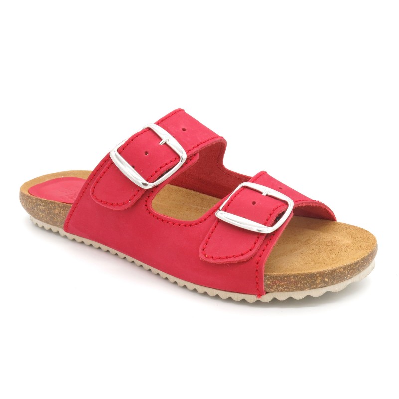 Damen Leder Pantoletten rot - Nubuk Sandalen Hausschuhe Schlappen mit Echtleder Fußbett & Kork Sohle - Made In Spain