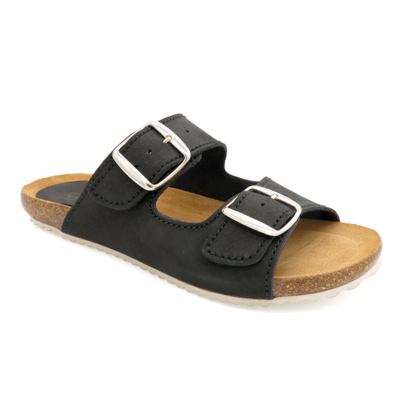 Damen Pantoletten Leder Nubuk schwarz Sandalen gepolstert Hausschuhe Schlappen Echtleder Fußbett Korksohle Korkschuhe Blusandal