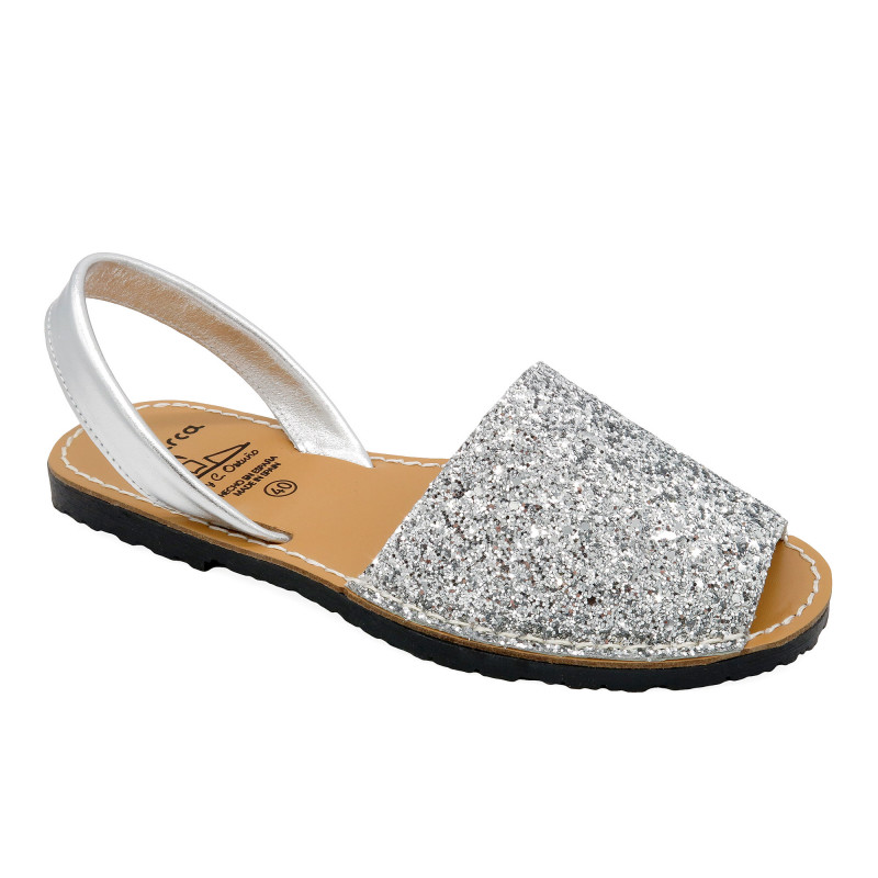 Damen Sandalen Avarca Menorquina Glitzer Sommer Schuhe mit Pailletten & Leder-Riemen, glitter silber 275 - Made In Spain