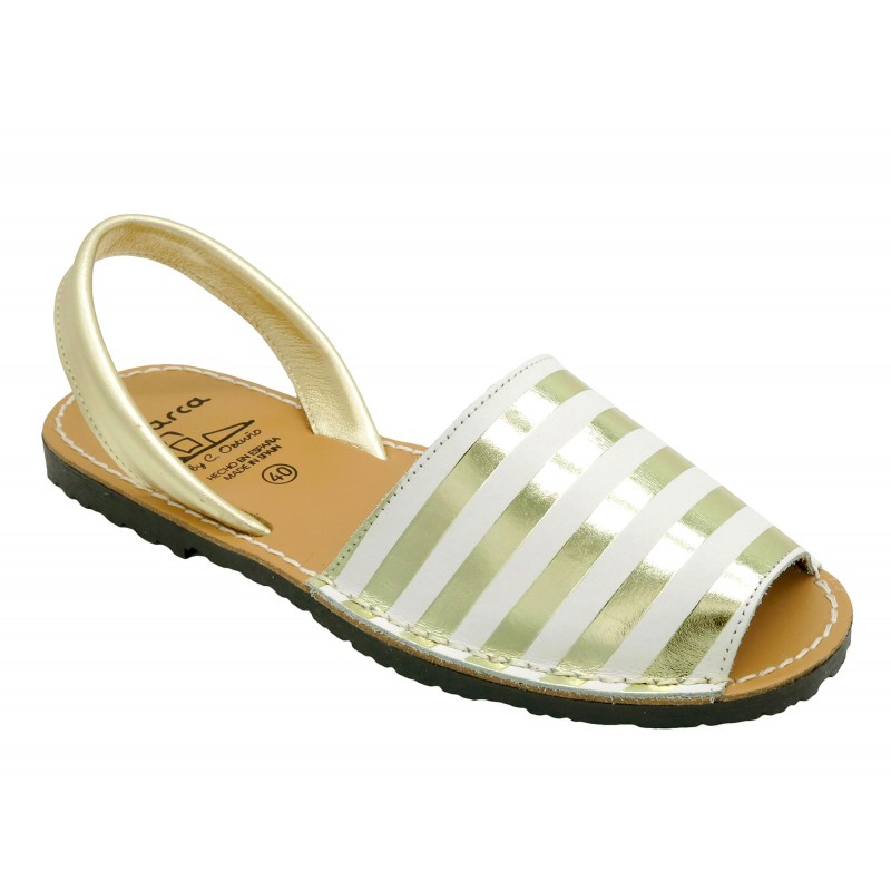 Avarca Menorquina Damen Sandalen Leder Abarca menorquinisch Sommer Schuhe gestreift gold weiß Menorca Sandaletten flach