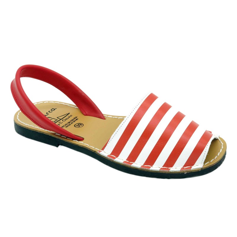 Women's Avarcas Leather Flat Sandals, red striped 403 - Avarca Menorquina - Made in Spain