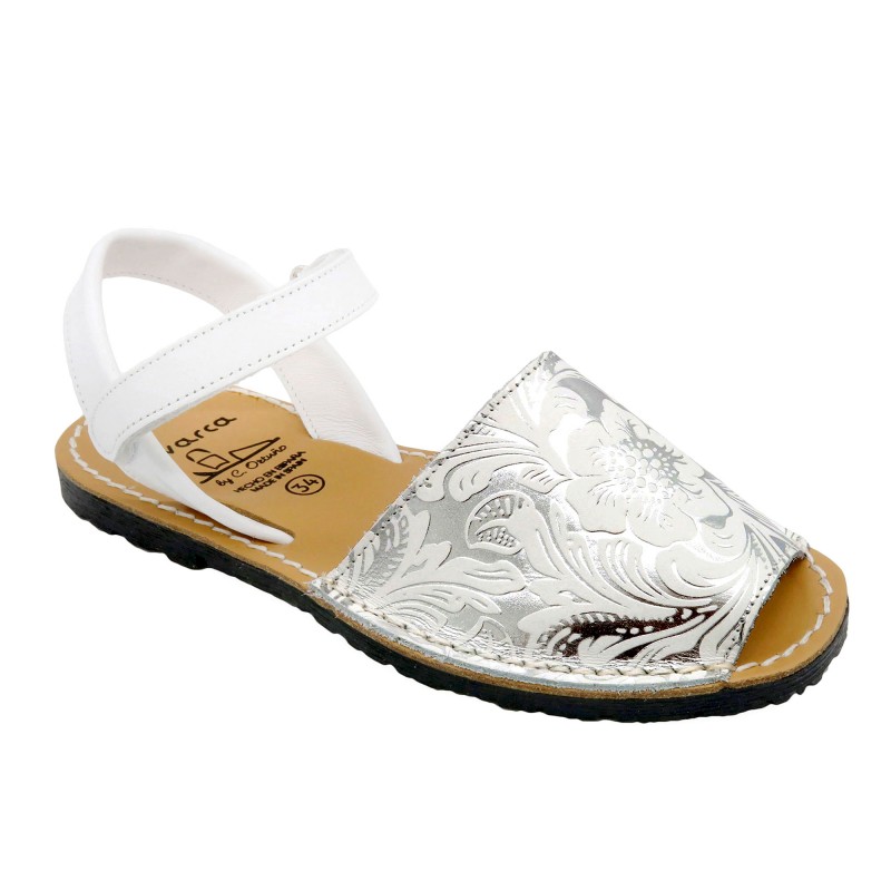Avarca Girl's Sandals Leather Kid's Summer Shoes Abarca Menorquina silver flowers MADE IN SPAIN