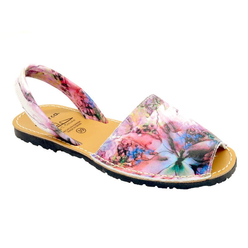 Women's Avarcas Leather Flat Sandals pink purple flowers - Avarca Menorquina - Made in Spain