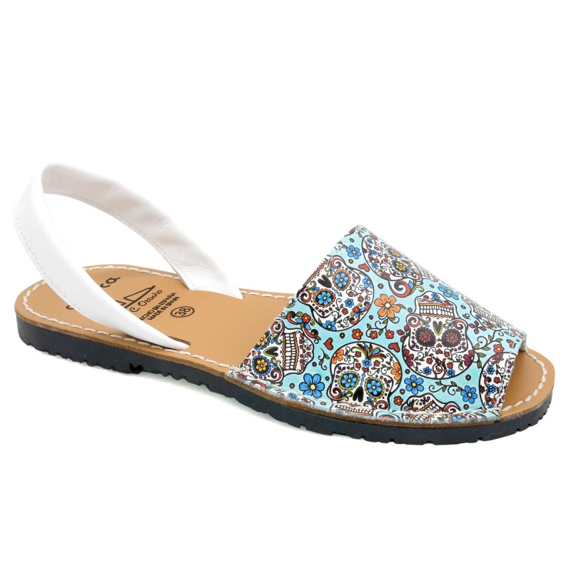 Women's Avarcas Flat Sandals Leather Summer Shoes, sky-blue Skull-Motif 413 - Avarca Menorquina - Made in Spain