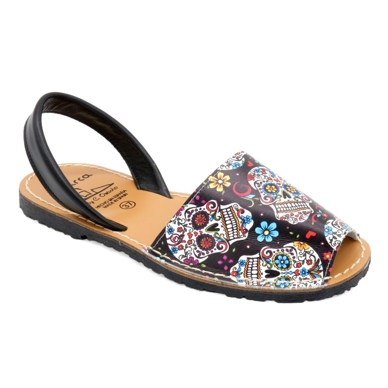 Women's Avarcas Sandals Leather Flat Shoes, black Skull-Motif 412 - Avarca Menorquina - Made in Spain