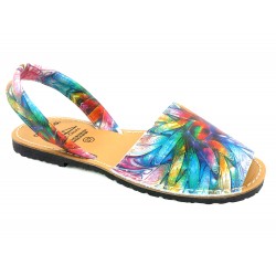 Leather Women's Avarcas Flat Sandals, colorful blue flowers 383 - Avarca Menorquina - Made in Spain