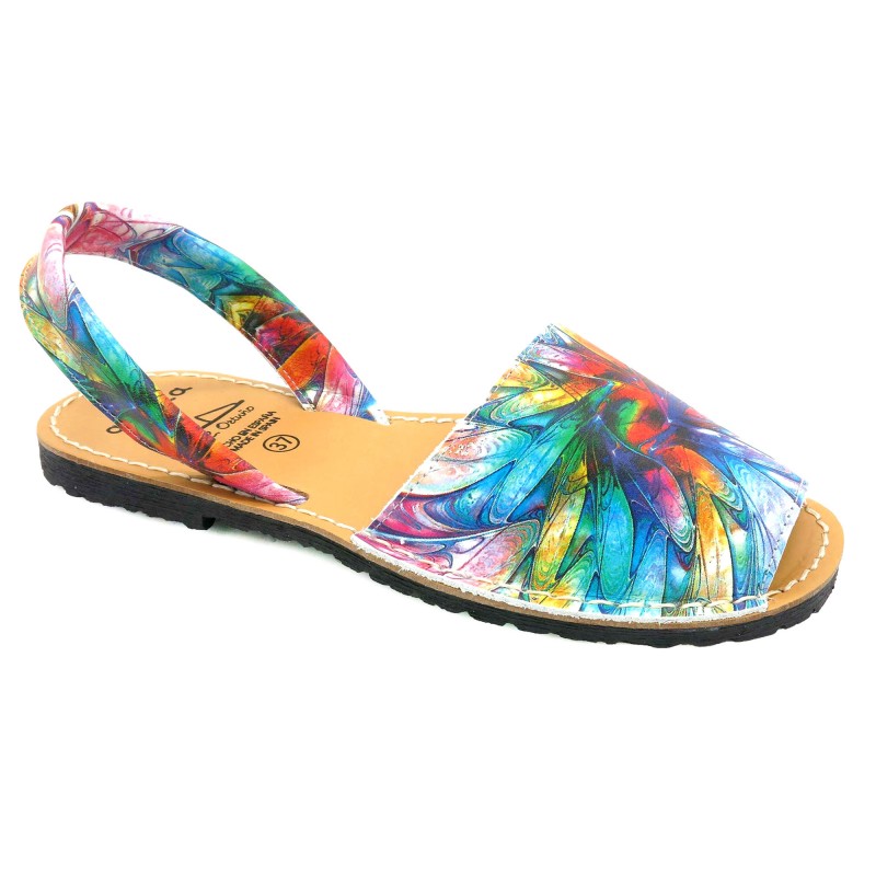 Leather Women's Avarcas Flat Sandals, colorful blue flowers 383 - Avarca Menorquina - Made in Spain