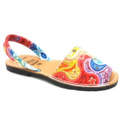 Women's Flat Sandals Leather Avarcas Summer Shoes, colorful red-orange 355 - Avarca Menorquina - Made in Spain