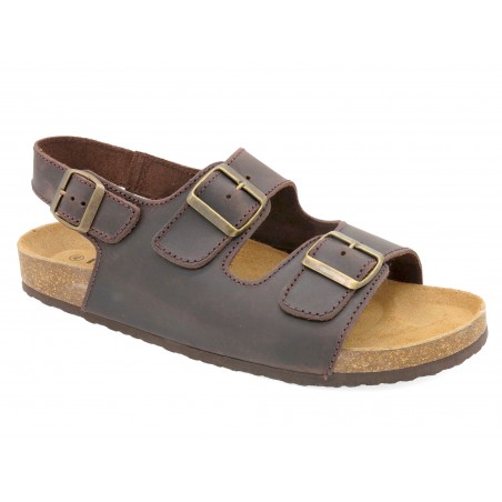 Herren Pantoletten braun Leder Fersenriemchen Sandalen Echtleder Fußbett Korksohle - Made In Spain