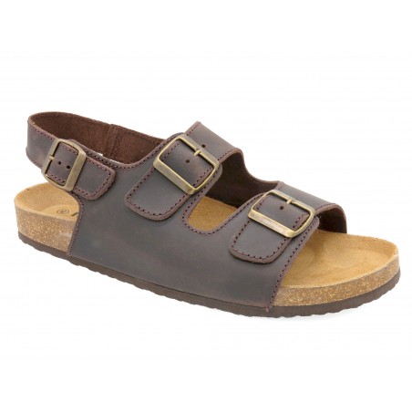 Men's Mules brown Leather Back-Strap Sandals with Leather Footbed & Cork Sole Made in Spain