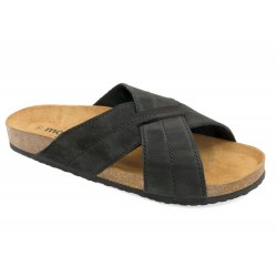Herren Pantoletten schwarz Nubuk Leder Sandalen Hausschuhe Korksohle Echtleder Fußbett Made In Spain Morxiva Casual 8015