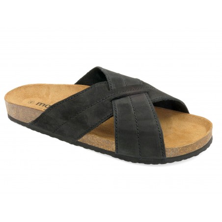 Herren Pantoletten schwarz Nubuk Leder Sandalen Hausschuhe Korksohle Echtleder Fußbett Made In Spain Morxiva Casual 8015