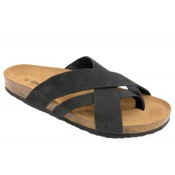 Men's Mules Nubuck Flat Sandals Slippers with Leather Footbed & Cork Sole, black 8018 - Made in Spain