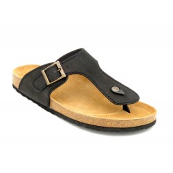 Men's Mules Nubuck Leather Sandals black Thongs with Leather Footbed & Cork Sole - Made in Spain