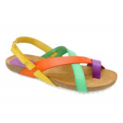 Women's Flat Sandals Leather Back-Strap Velcro Shoes Cork Sole colourful