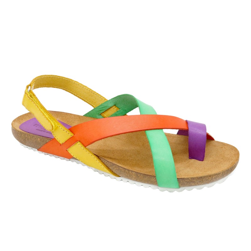 Women's Flat Sandals Leather Back-Strap Velcro Shoes Cork Sole colourful