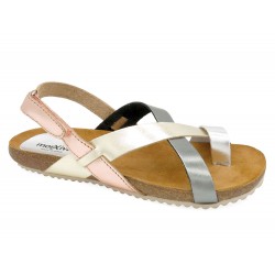 Women's Flat Sandals metallic silver Leather Back-Strap Summer Shoes Leather Footbed & Cork Sole MADE IN SPAIN