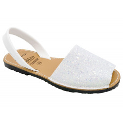 Damen Sandalen Avarca Menorquina Glitzer Sommer Schuhe mit Pailletten & Leder-Riemen, glitter weiß 275 - Made In Spain