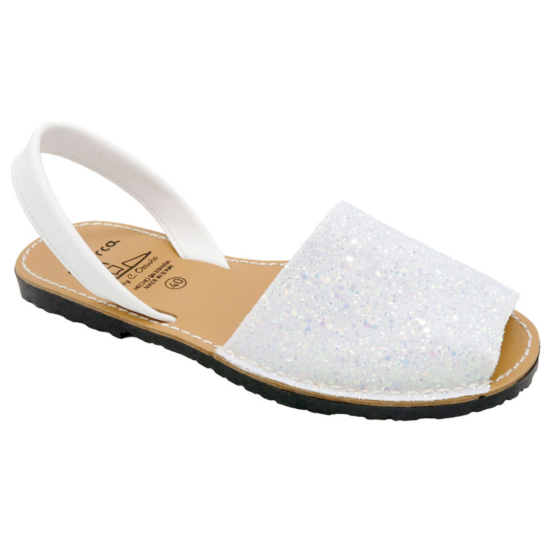 Damen Sandalen Avarca Menorquina Glitzer Sommer Schuhe mit Pailletten & Leder-Riemen, glitter weiß 275 - Made In Spain