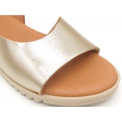 Damen Sandalen Leder gold Sommerschuhe Echtleder Decksohle Keilabsatz Keilabsatzsandalen Keilschuhe BluSandal Blue-Sandal