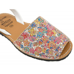 Leather Flat Sandals Women's Avarca Summer Shoes, floral colorful - Made in Spain