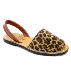 Women's Flat Sandals Avarca Menorquina Summer Shoes with faux fur & leather strap, brown leopard-pattern 303 - Made in Spain