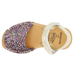 Girl's flat Sandals with glitter sequins Leather Kid's Summer Shoes Avarca Menorquina colorful multicolor sequins Ortuno 207