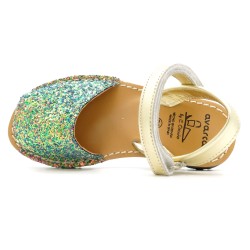 Girls' Flat Sandals with Glitter Sequins colorful green Avarca Menorquina Leather Kid's Children's Summer Shoes Ortuno 207