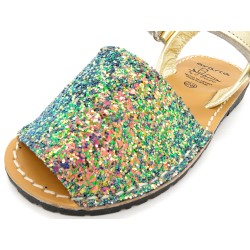 Girls' Flat Sandals with Glitter Sequins colorful green Avarca Menorquina Leather Kid's Children's Summer Shoes Ortuno 207