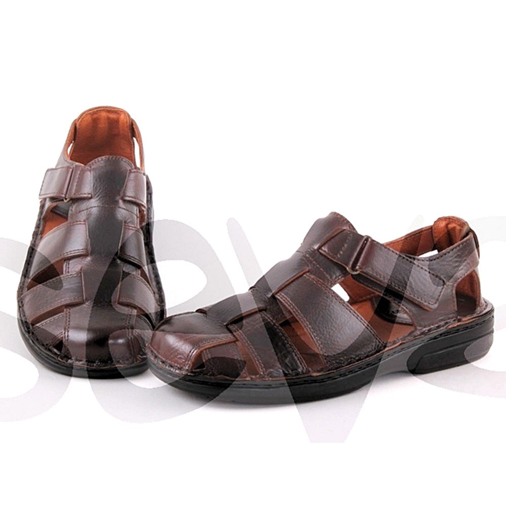 Herren Fisherman Sandalen geschlossen braun Leder Sommerschuhe Gel gepolstert Echtleder Fußbett Klettverschluss 9015 Innovation