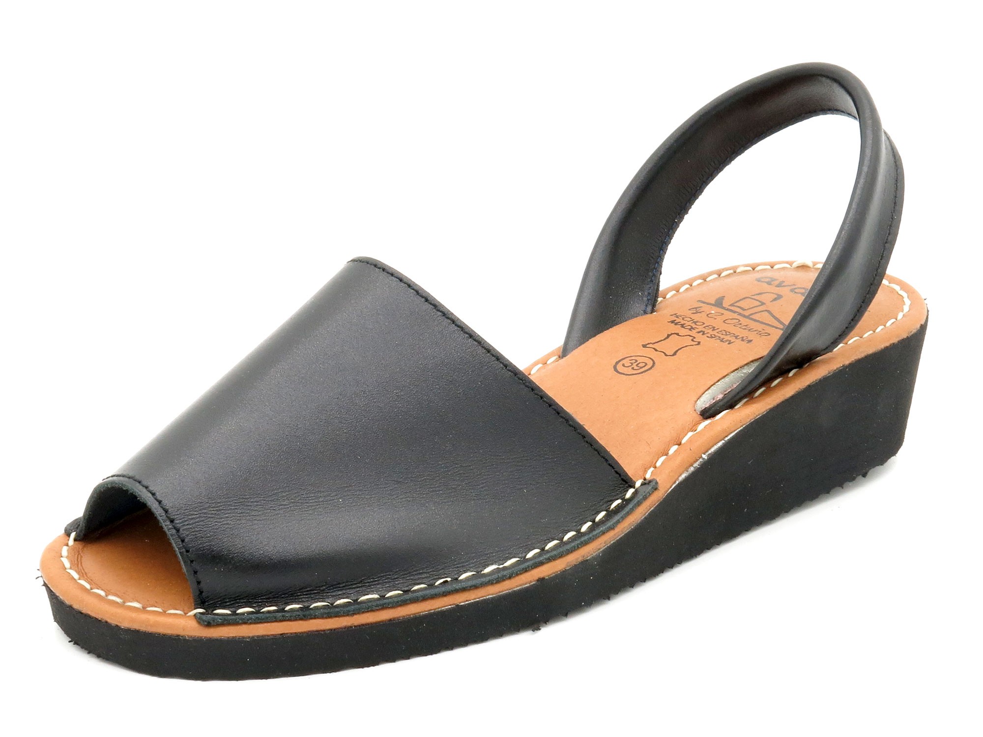 Avarca Menorquina Damen Keilsandalen schwarz Leder 2211 Original Avarcas C.Ortuno Made In Spain