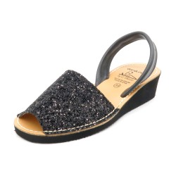 Women's Wedge Sandals Glitter Avarca Wedges with Leather Back-Strap sequins black 1275 Ortuno