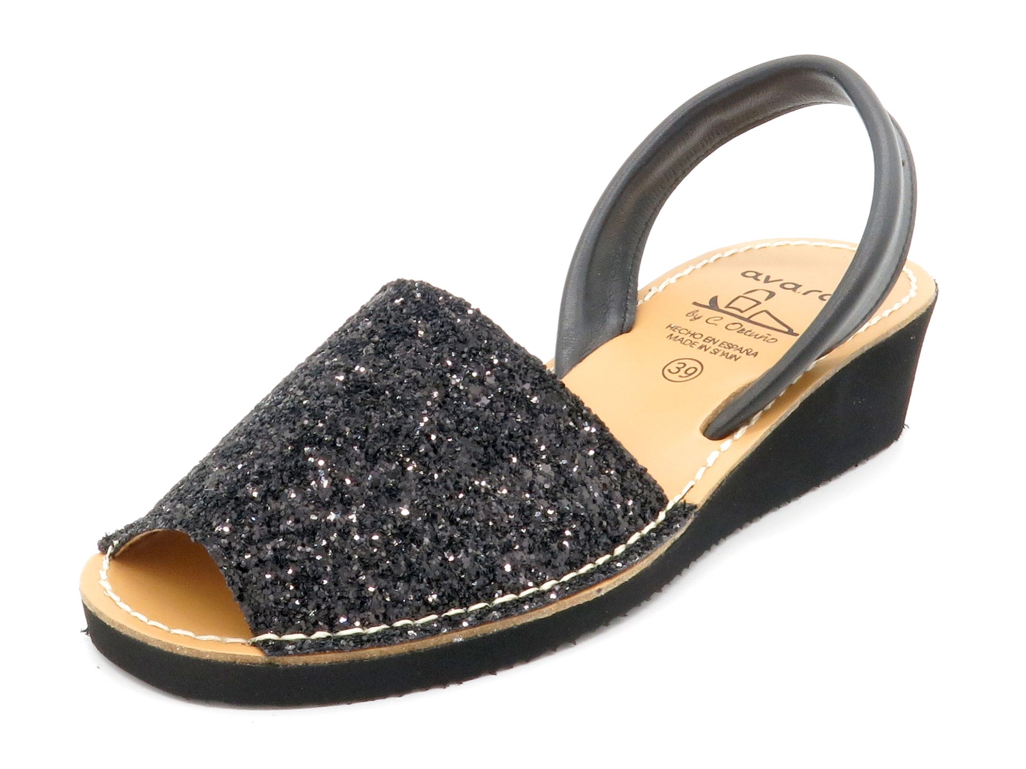 Women's Wedge Sandals Glitter Avarca Wedges with Leather Back-Strap sequins black 1275 Ortuno Women's Wedge Sandals Glitter Avarca Wedges with Leather Back-Strap sequins black 1275 Ortuno