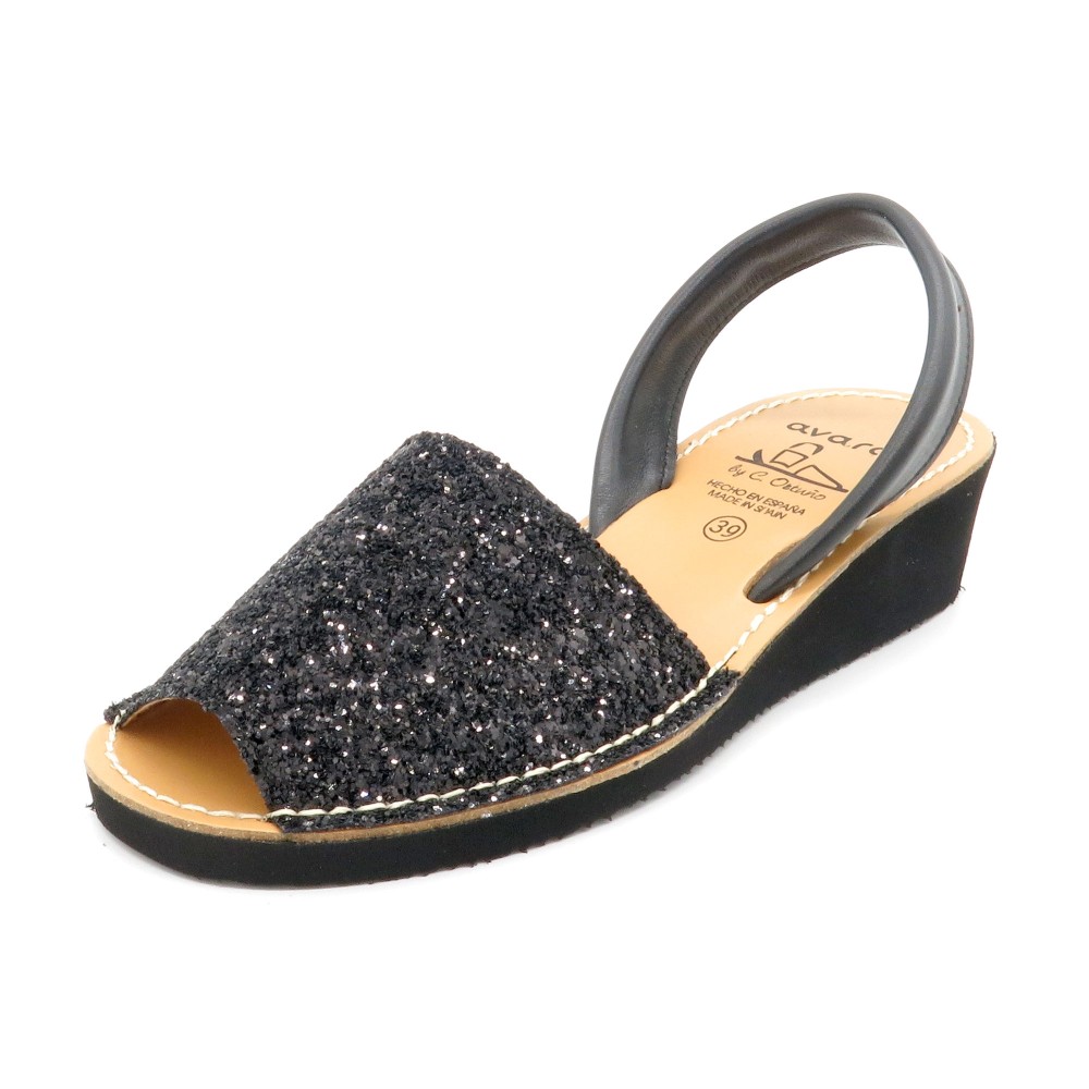 Women's Wedge Sandals Glitter Avarca Wedges with Leather Back-Strap sequins black 1275 Ortuno