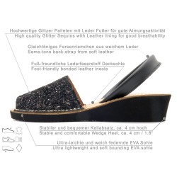 Women's Wedge Sandals Glitter Avarca Wedges with Leather Back-Strap sequins black 1275 Ortuno